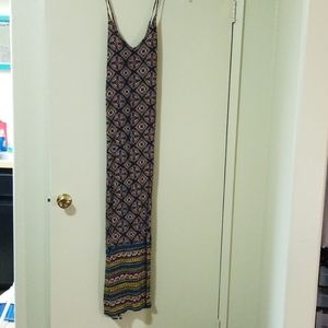 Long Blue Maxi Dress with Yellow Coral Pink